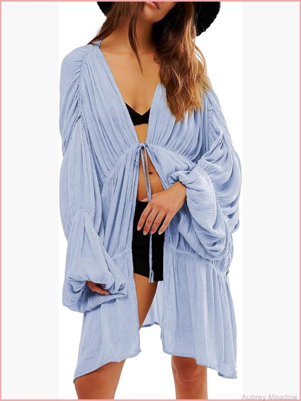 Boho Chiffon Swimsuit Coverup Ruched Bell Sleeve Flowy Tie Front Beach Cardigan
